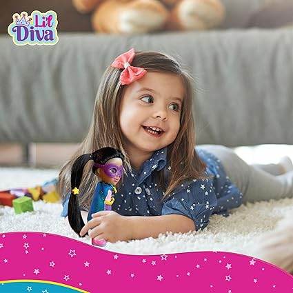 Little girl playing with a superhero role play doll for girls with a purple mask and costume