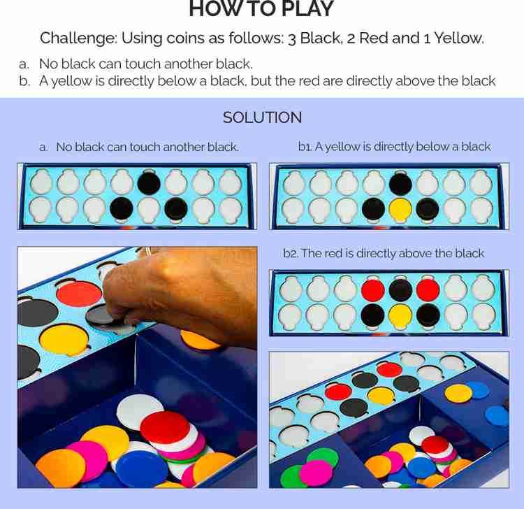 Logic puzzle activity with colorful coins for ages 6 and up, teaching problem-solving skills