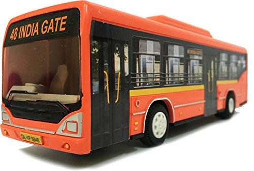 Orange low floor city bus toy with detailed windows and 48 India Gate route display
