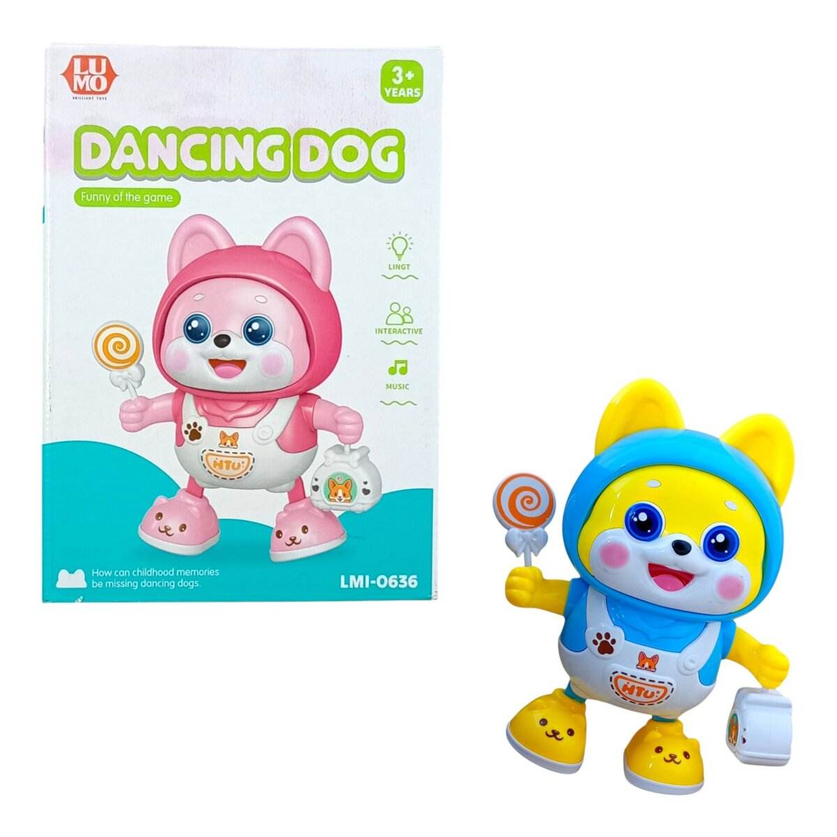 T-REX musical battery operated dancing dog toy in yellow and blue holding a lollipop