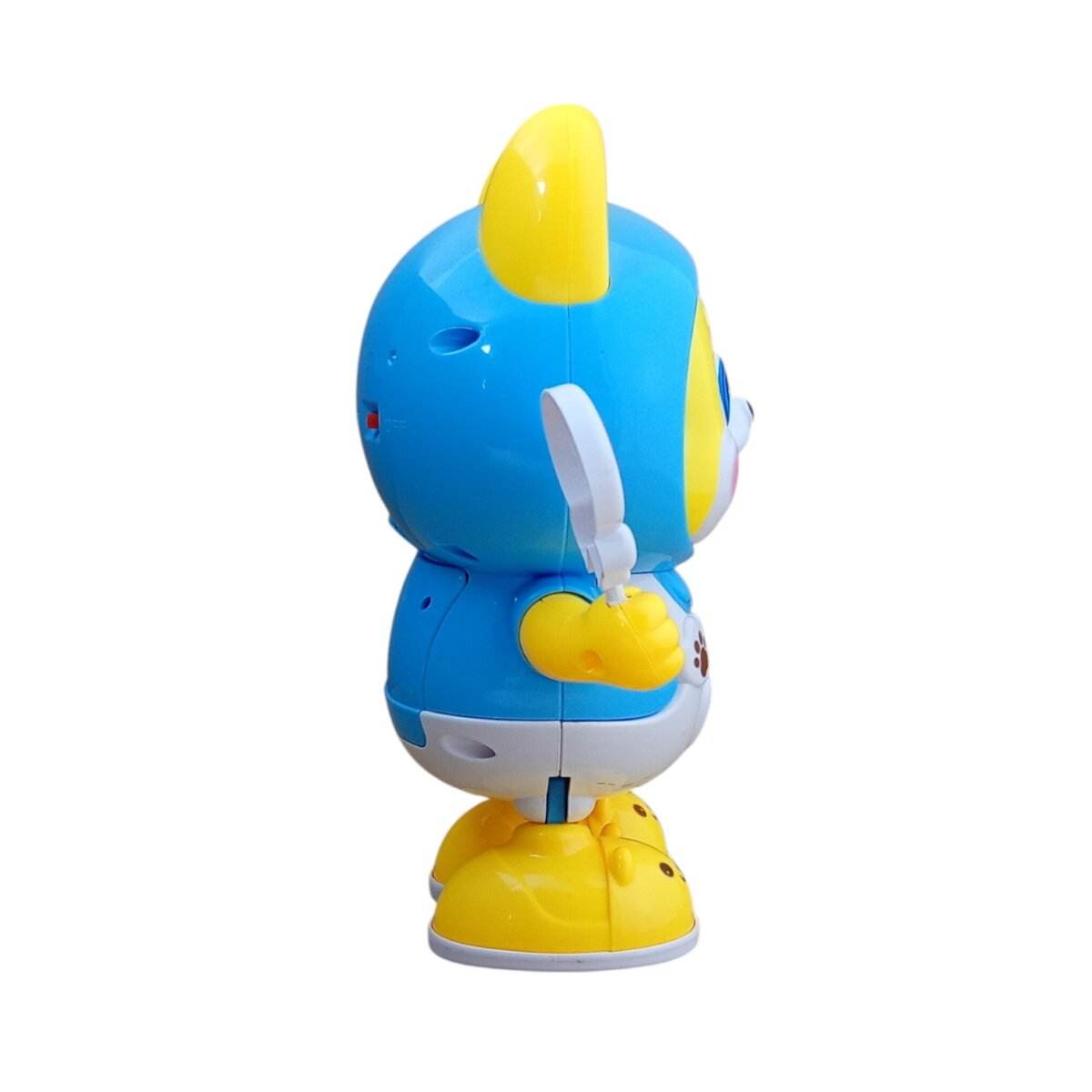 T-REX musical battery operated dancing dog toy in blue and yellow with white ears and shoes