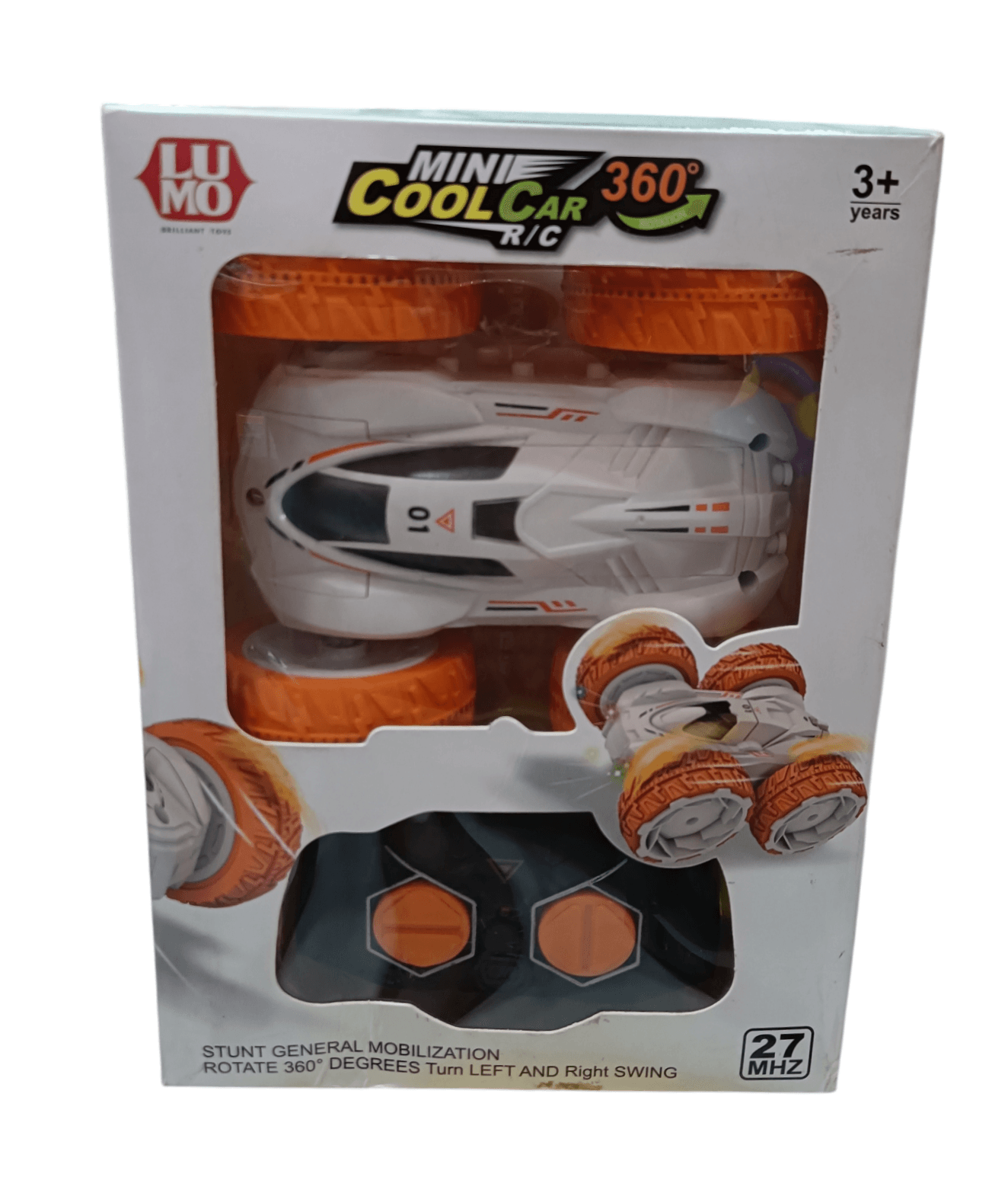 360 degree stunt car toy with orange wheels and white body in retail packaging from T-Rex the toyland Sitamarhi
