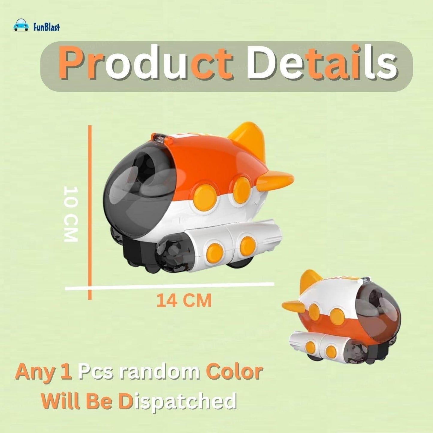 LUMO Aerospace Dreamer toy in orange and white with black cockpit, measuring 14 cm by 10 cm
