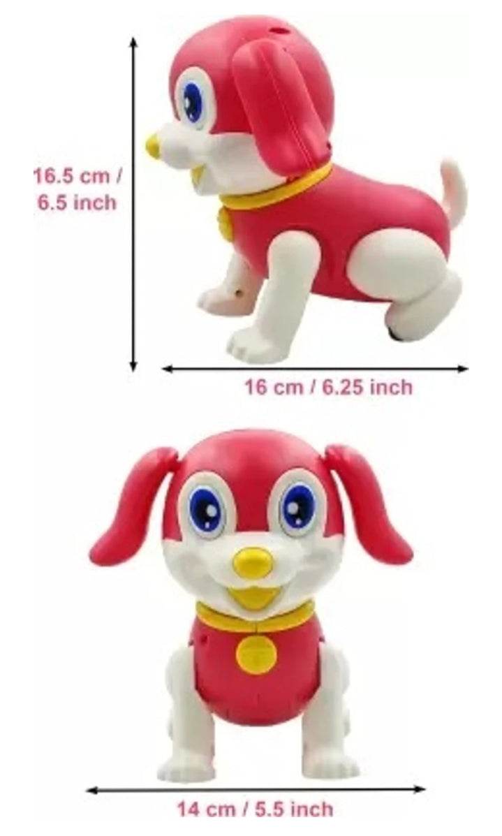 Lumo musical battery operated dog toy for children in red and white with blue eyes and yellow collar
