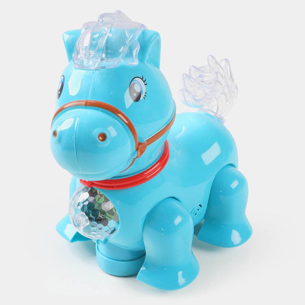 T-REX blue interactive musical horse toy with clear mane and tail and red collar