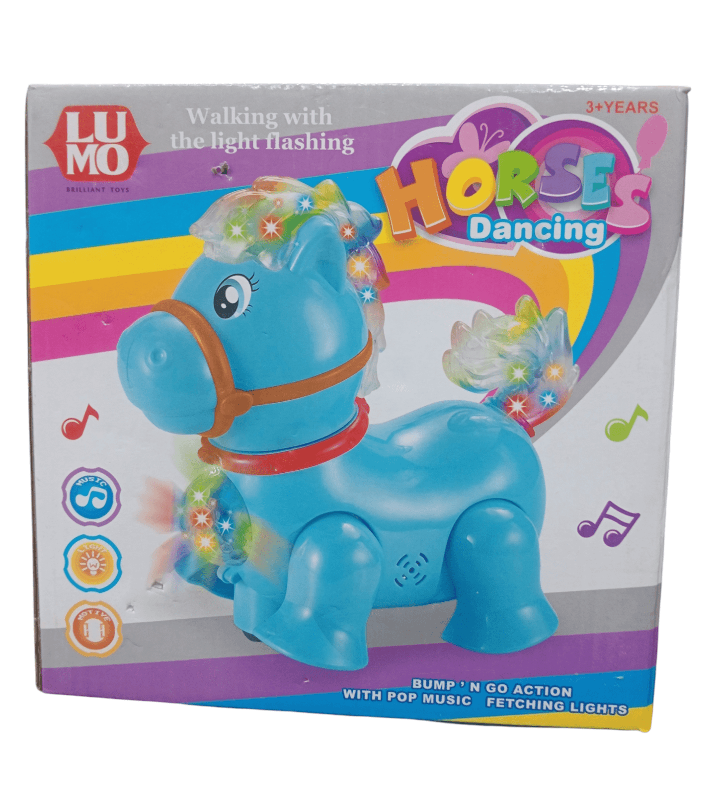 T-REX interactive musical horse toy in blue with flashing colorful lights for kids 3 years and up