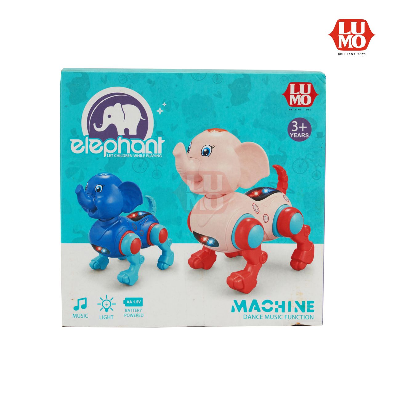 Lumo Machine Elephant toy in blue and pink with music and light functions for kids age 3 plus
