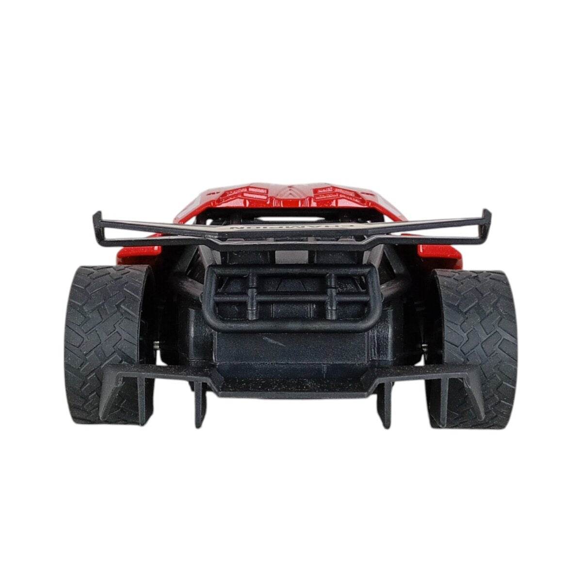 Rear view of LUMO metal remote control car with large tires and red body detailing