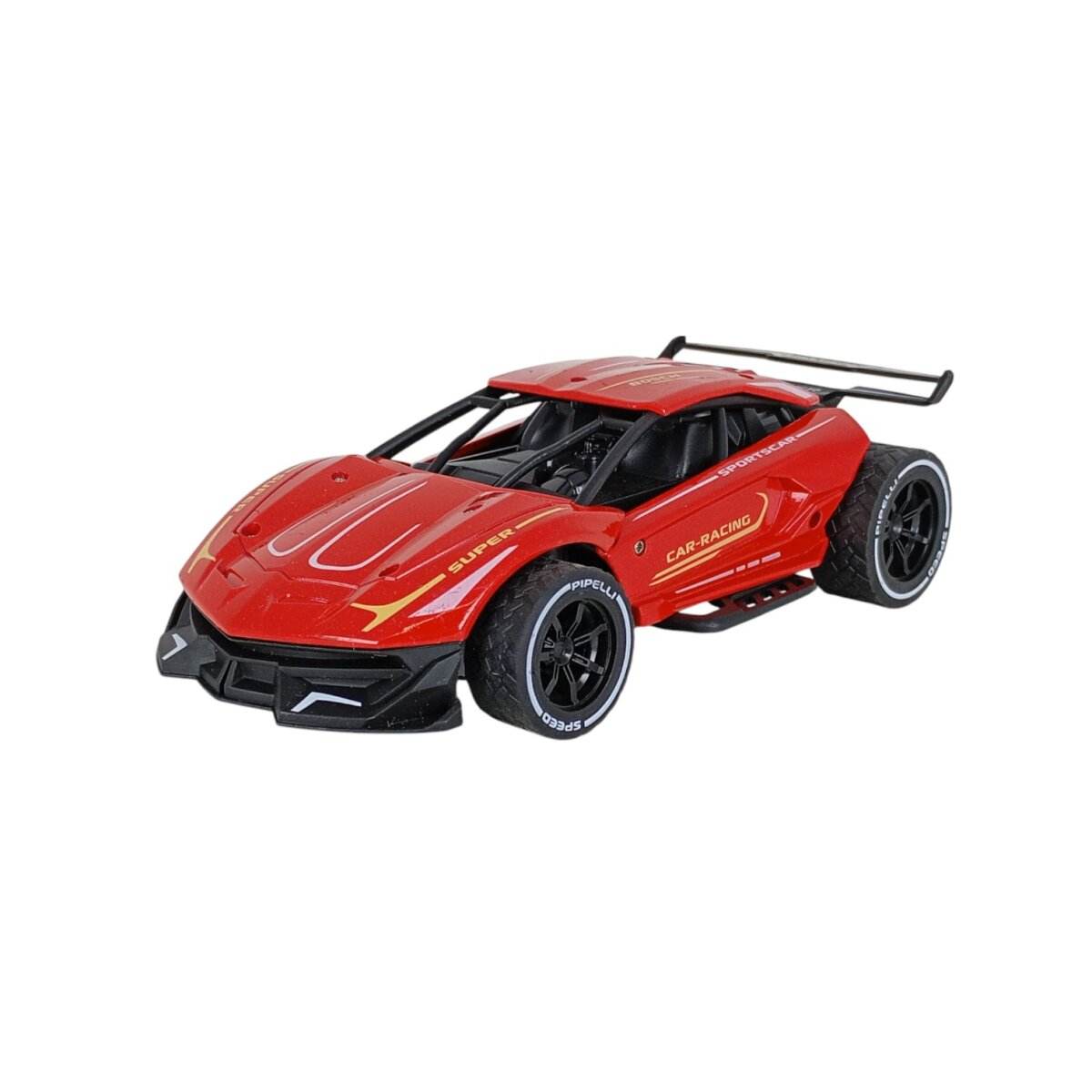 LUMO red metal remote control car with black wheels and rear spoiler for racing fun