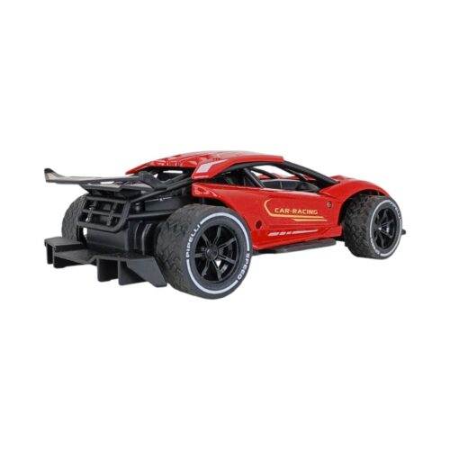 LUMO red metal remote control car with large tires and aerodynamic rear spoiler