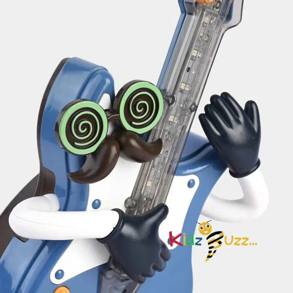 LUMO Mr. Rock interactive toy musical guitar character with spiral eyes and mustache by T-Rex the Toyland