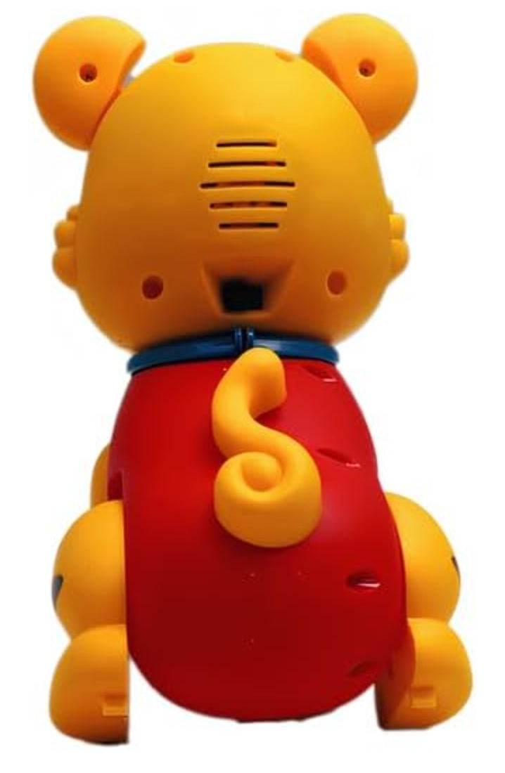 Lumo musical jumping tiger toy in yellow and red shown from back with blue collar and tail