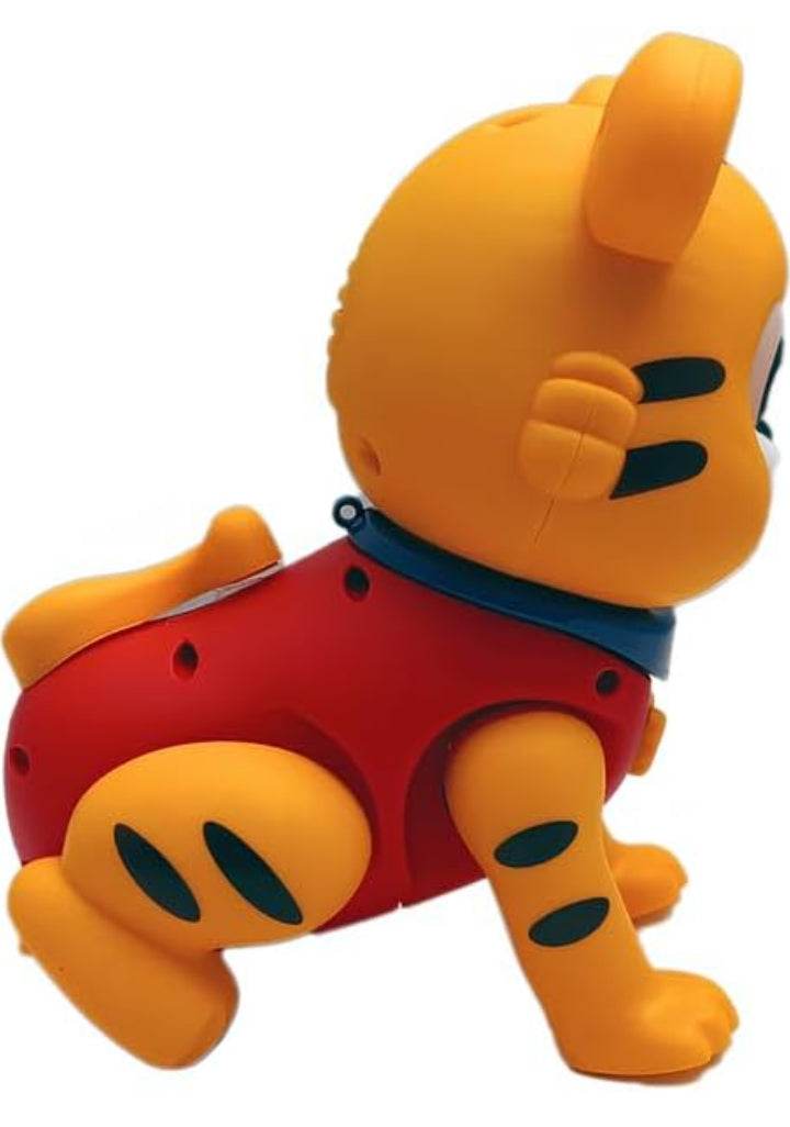 Lumo musical jumping tiger toy in orange and red colors with black stripes and playful design