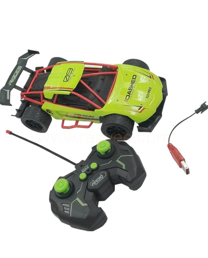 Lumo super speed RC car in green with black remote control and red USB charger cable