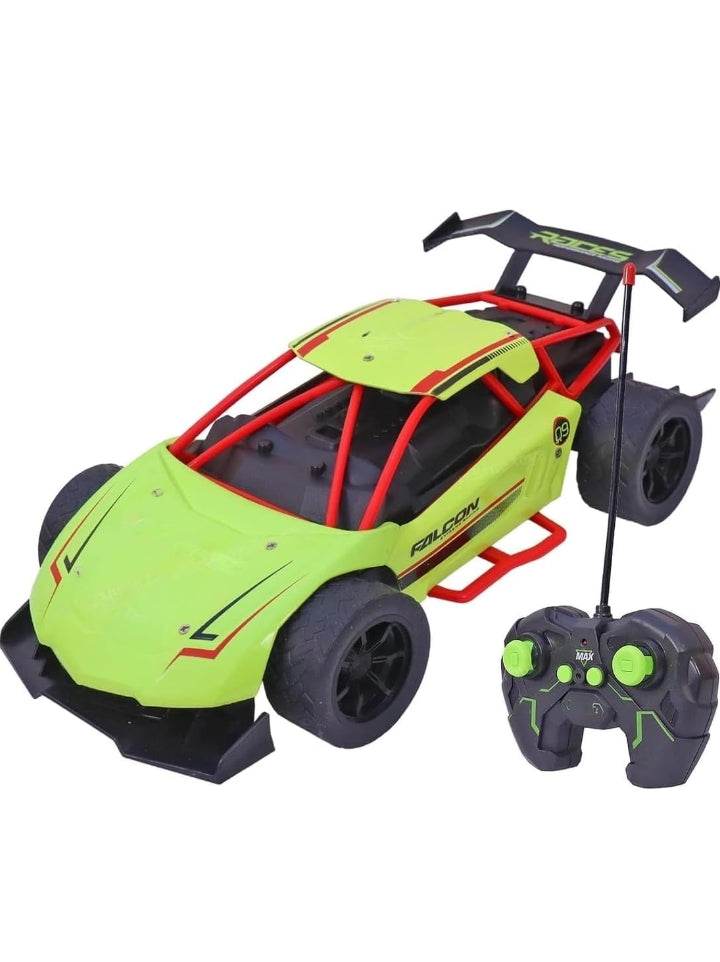 Lumo super speed RC car in green with black wheels and red frame alongside black and green remote control