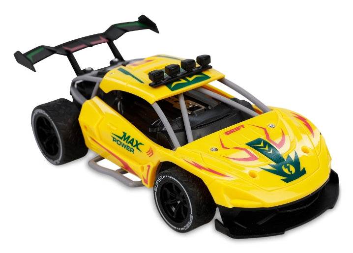 LUMO yellow Lumo super speed RC car with large rear spoiler and black wheels