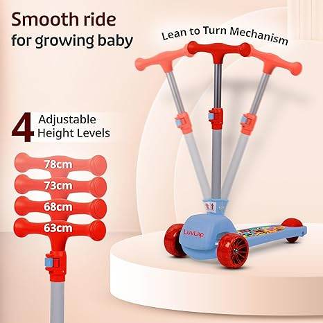 Adjustable height blue and red scooter with lean to turn mechanism best outdoor scooter for kids age 3-10