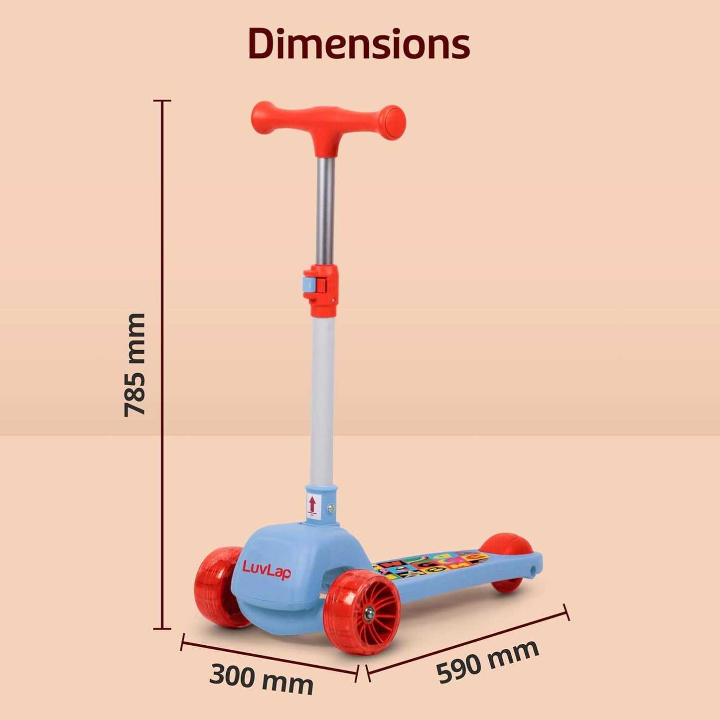 Best outdoor scooter for kids age 3-10 with blue base red handle and wheels dimensions shown
