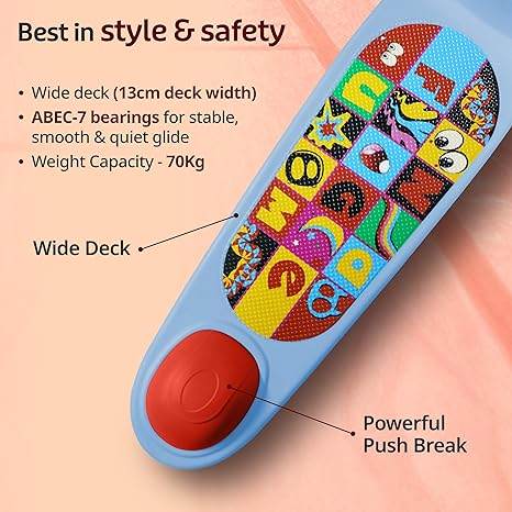 Close-up of colorful blue scooter deck with wide deck and powerful push brake best outdoor scooter for kids age 3-10