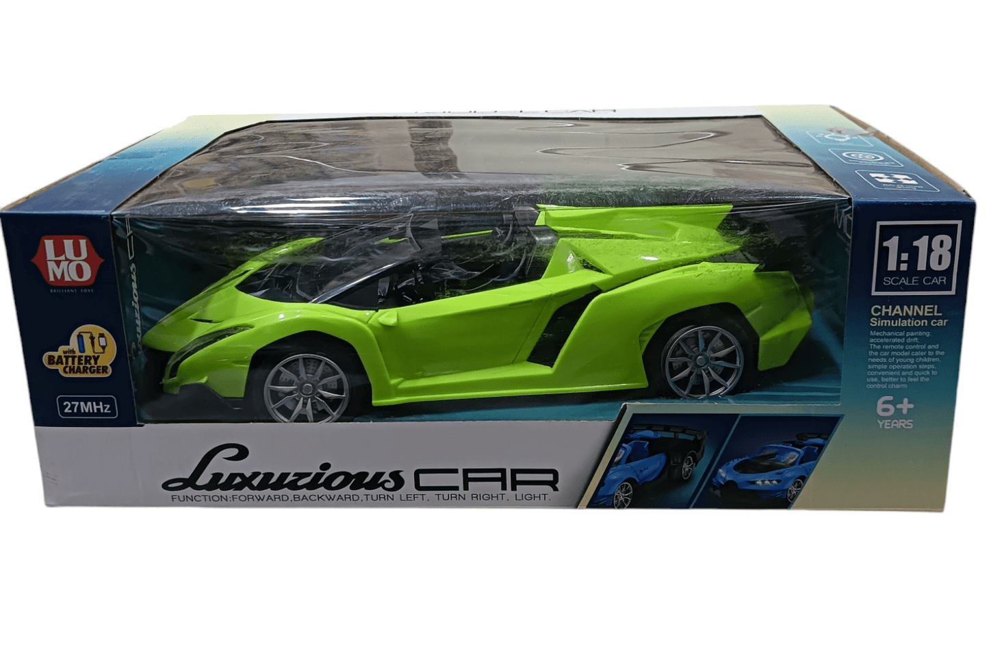 LUMO remote control sports car toy in bright green with detailed design and 1 18 scale packaging