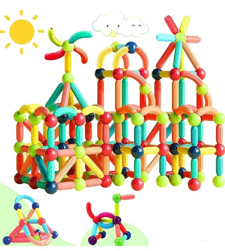Colorful magnetic building sticks for kids assembled into creative geometric shapes and structures