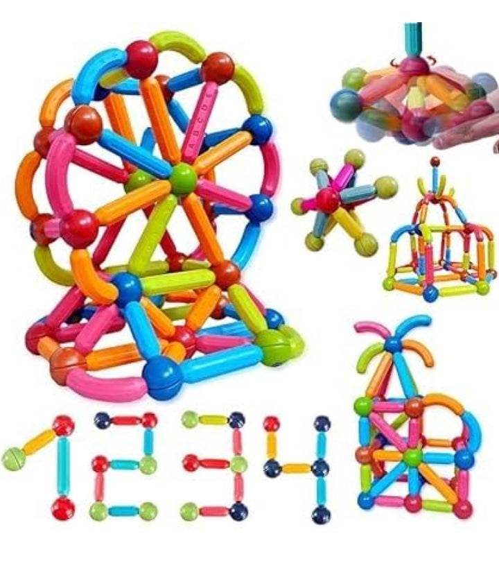 Colorful magnetic building sticks for kids creating various fun shapes and structures