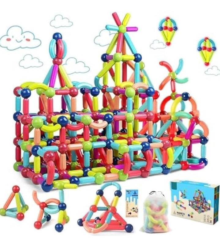 Colorful magnetic building sticks for kids assembled into creative structures with storage bag and packaging