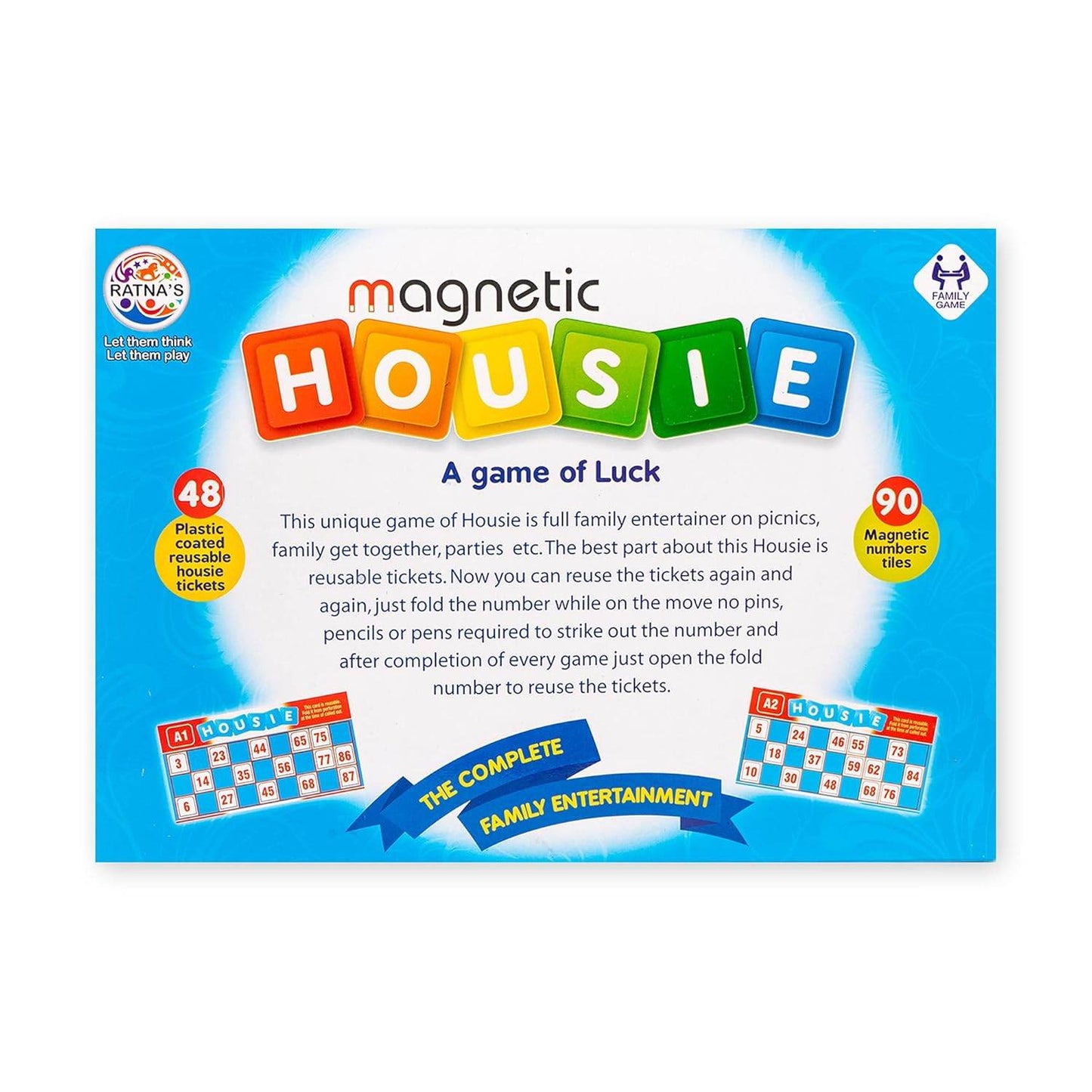 Prem Ratna magnetic housie board game with reusable magnetic number tiles and plastic coated tickets