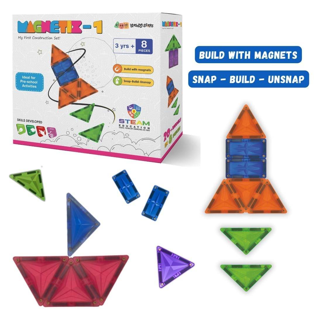 Magnetix - 1 Magnetic Tiles Construction Set for Kids | STEM Educational Building Blocks for Toddlers | 3D Magnet Blocks for Creative Play | Safe & Durable Toy for Boys & Girls (8 Pcs, - T-Rex the toyland Sitamarhi