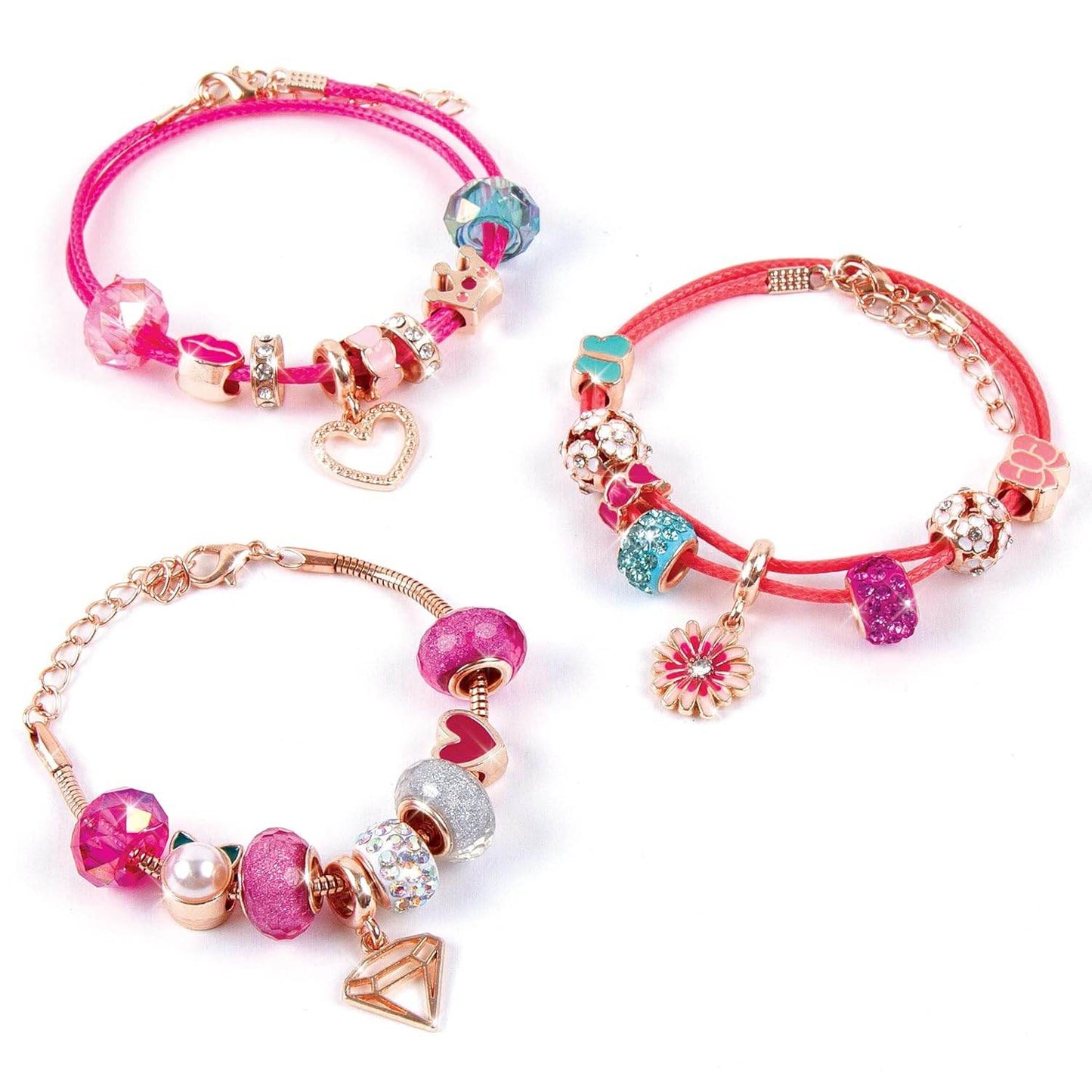DIY charm bracelet kit for kids featuring colorful beads and heart and flower charms on adjustable pink bracelets
