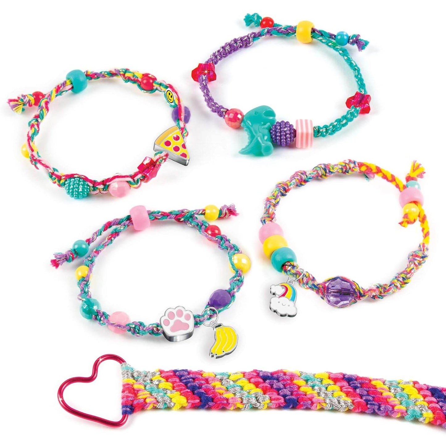 DIY charm bracelet kit for kids featuring colorful braided bracelets with fun charms and beads