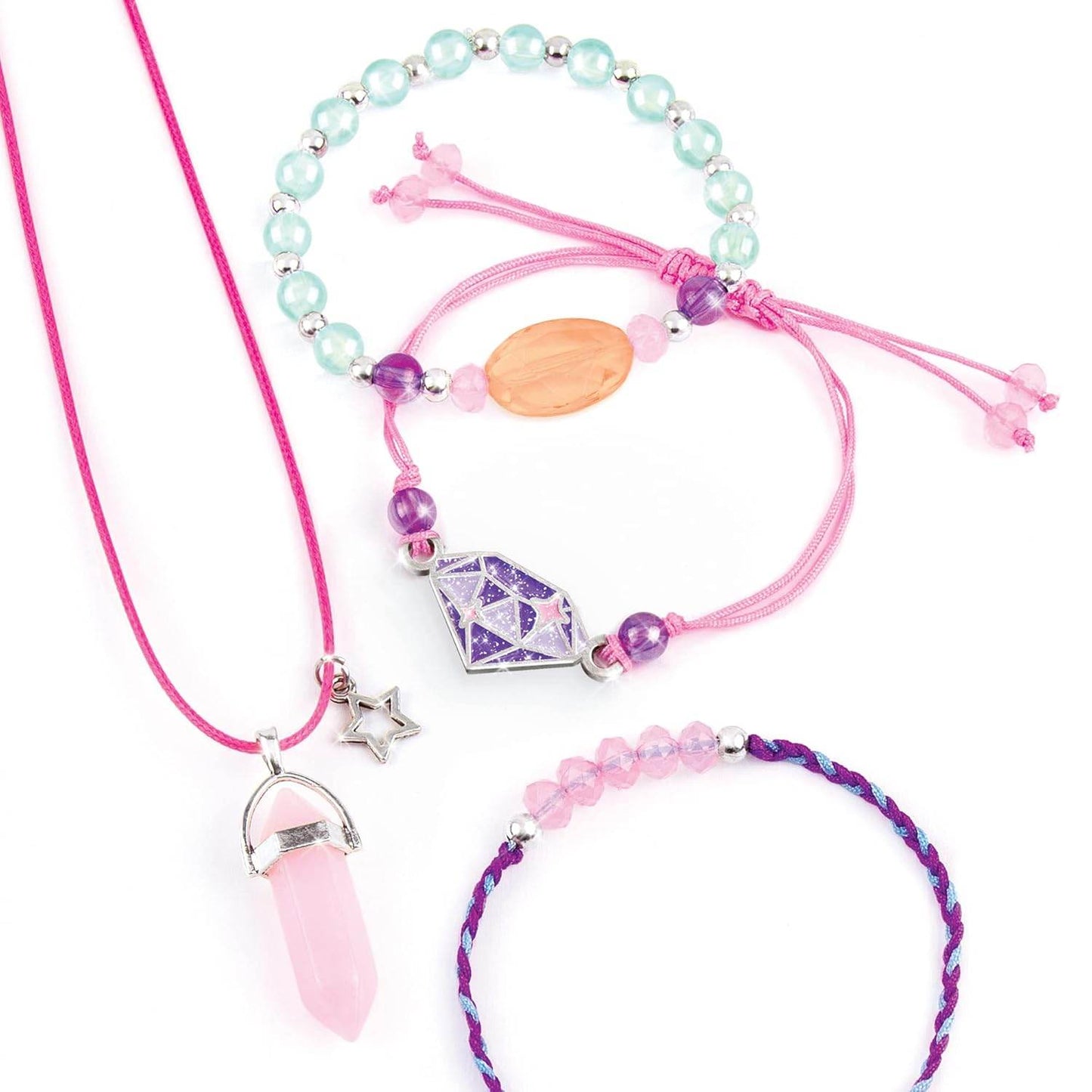 DIY jewelry kit for girls featuring pink crystal pendant necklace and colorful beaded bracelets