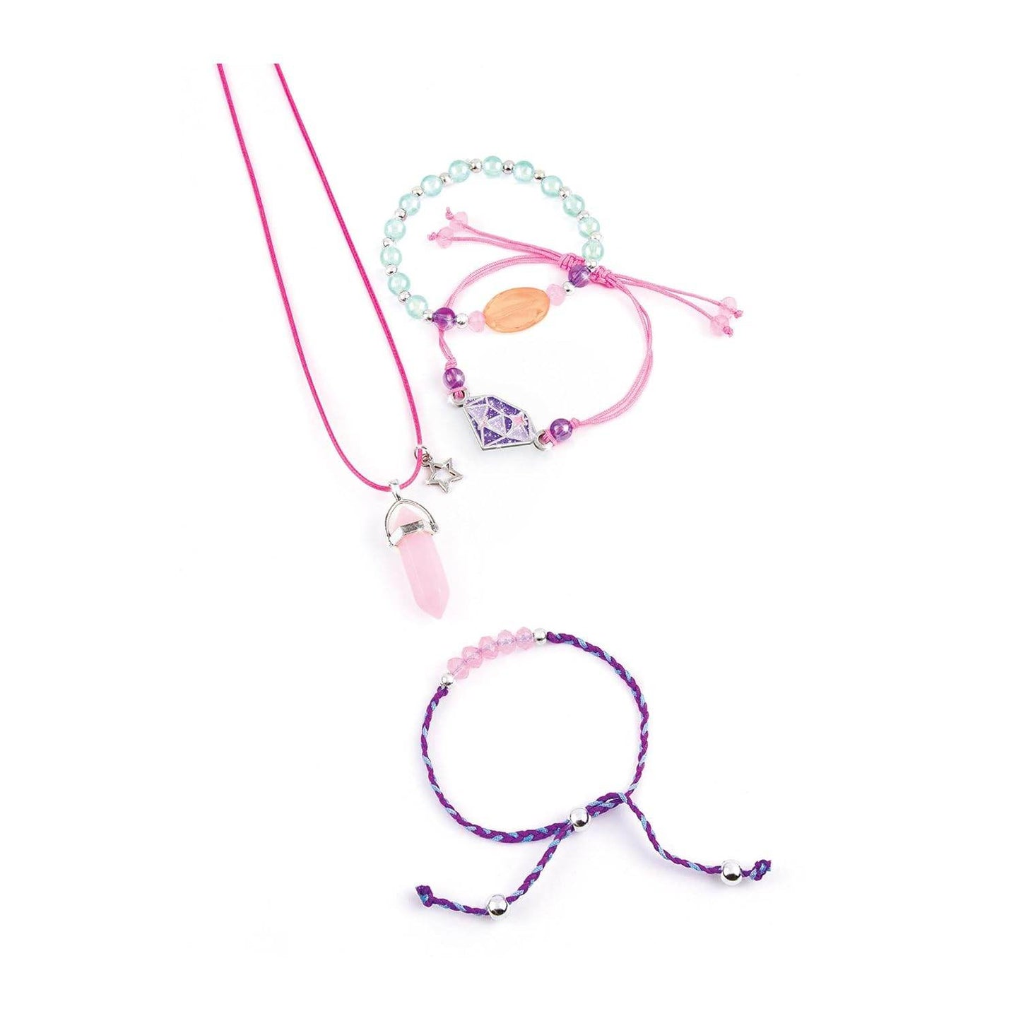 DIY jewelry kit for girls with colorful beaded bracelets and a pink pendant necklace