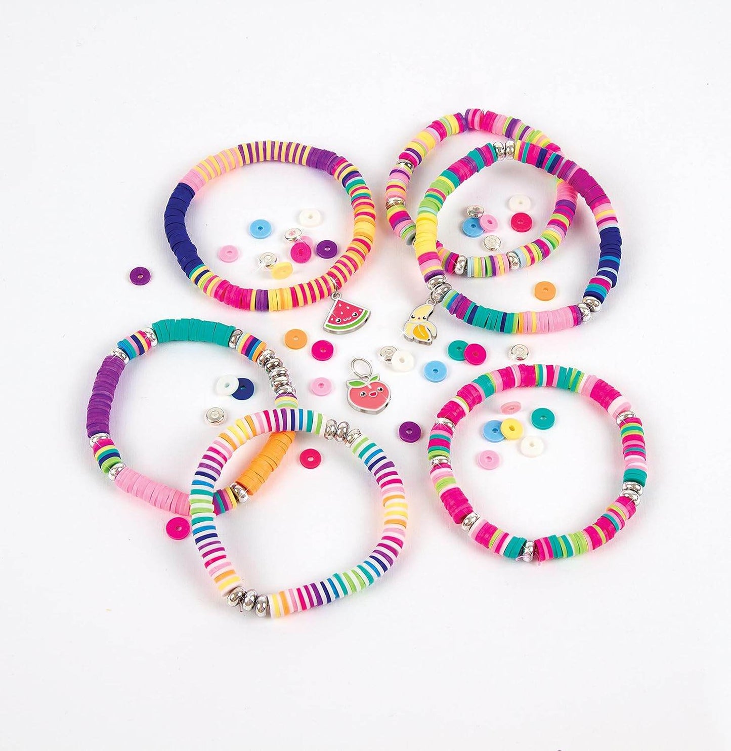 Colorful heishi bead bracelet kit with multiple vibrant bracelets and assorted charms for DIY jewelry making