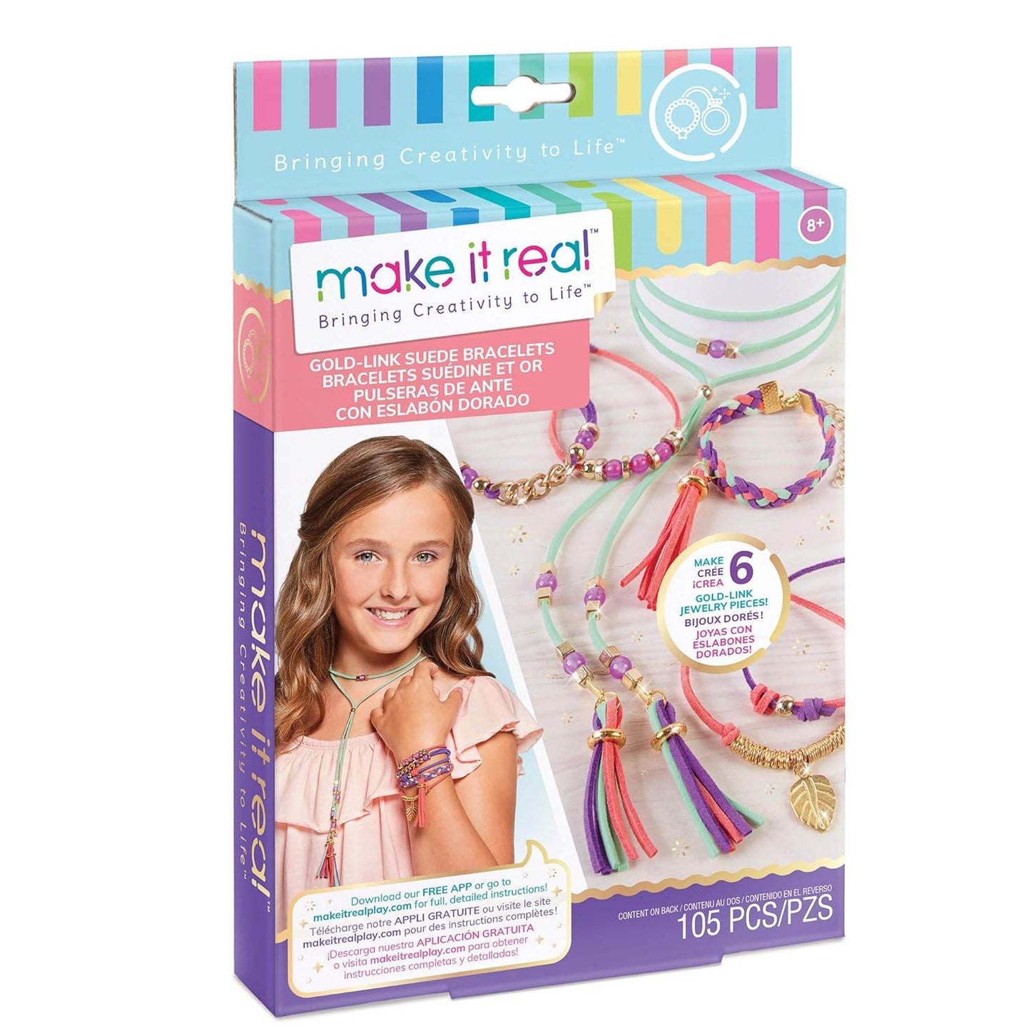 Make It Real kids jewelry making set 112 pieces with gold-link suede bracelets and colorful beads