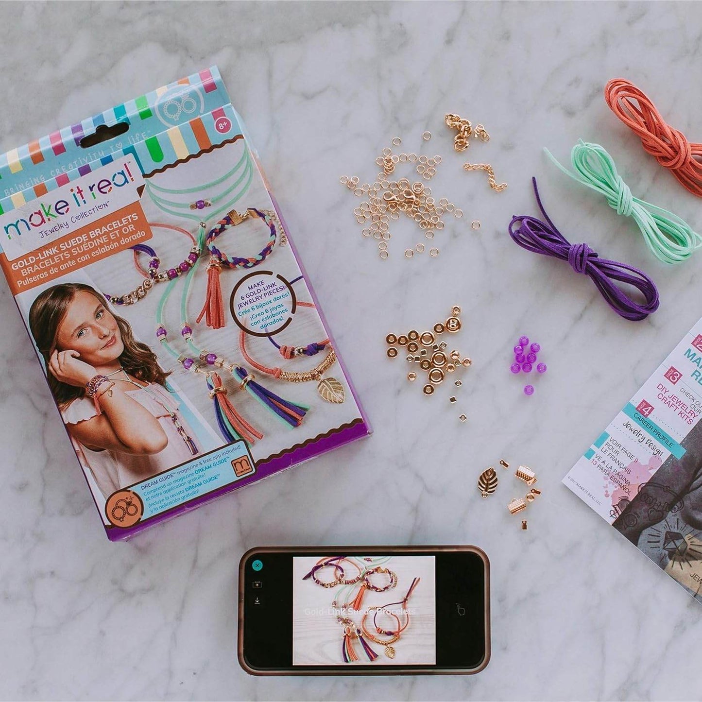 kids jewelry making set 112 pieces with colorful threads beads and gold link guide bracelet kit