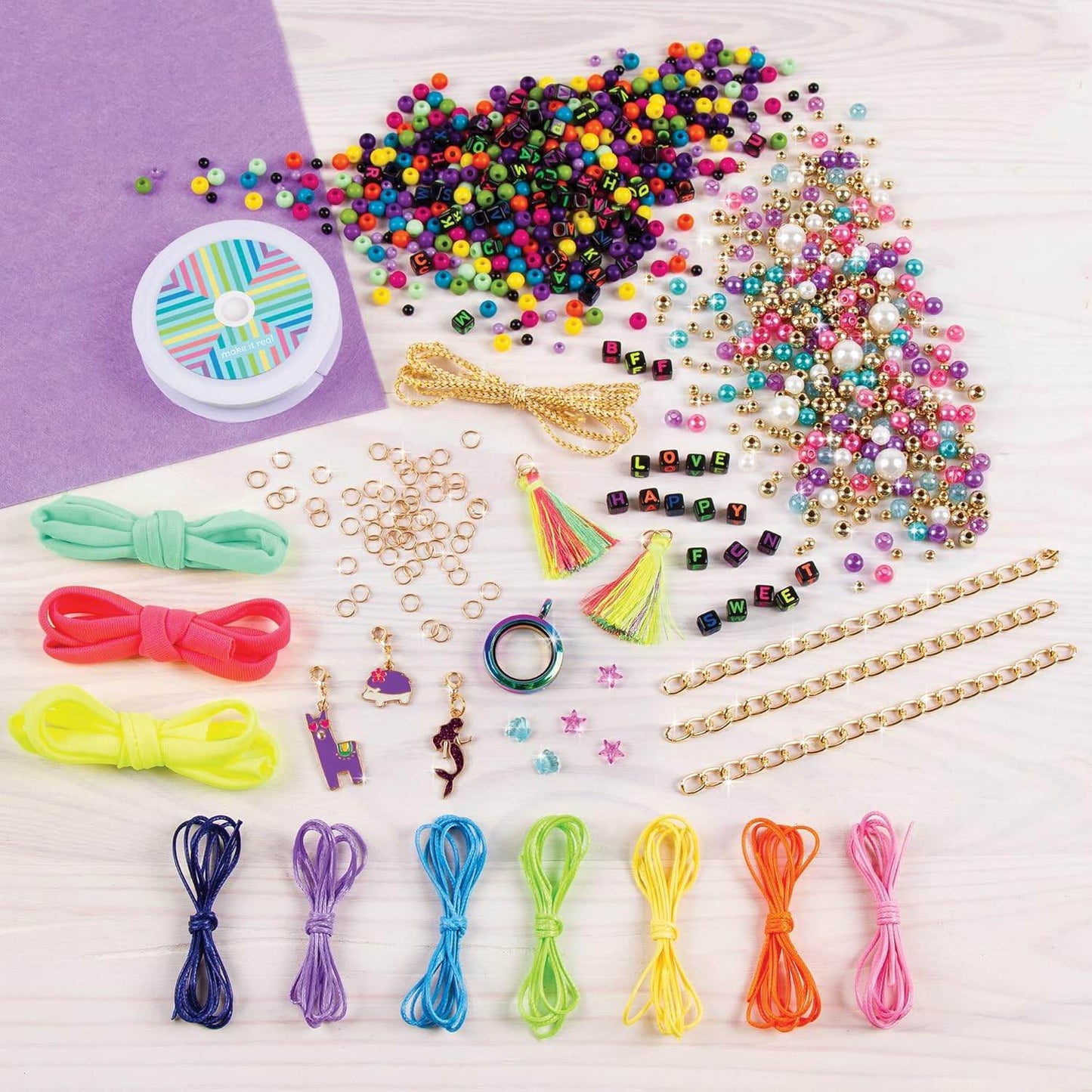Make your own jewelry set with colorful beads, charms, cords, and chains for creative crafting