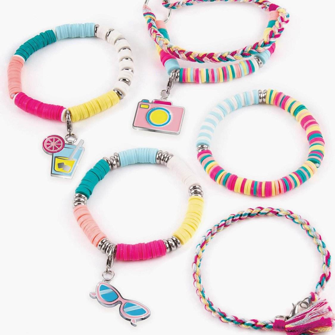 Colorful summer vibes bead bracelet kit with charms including camera, drink, and sunglasses