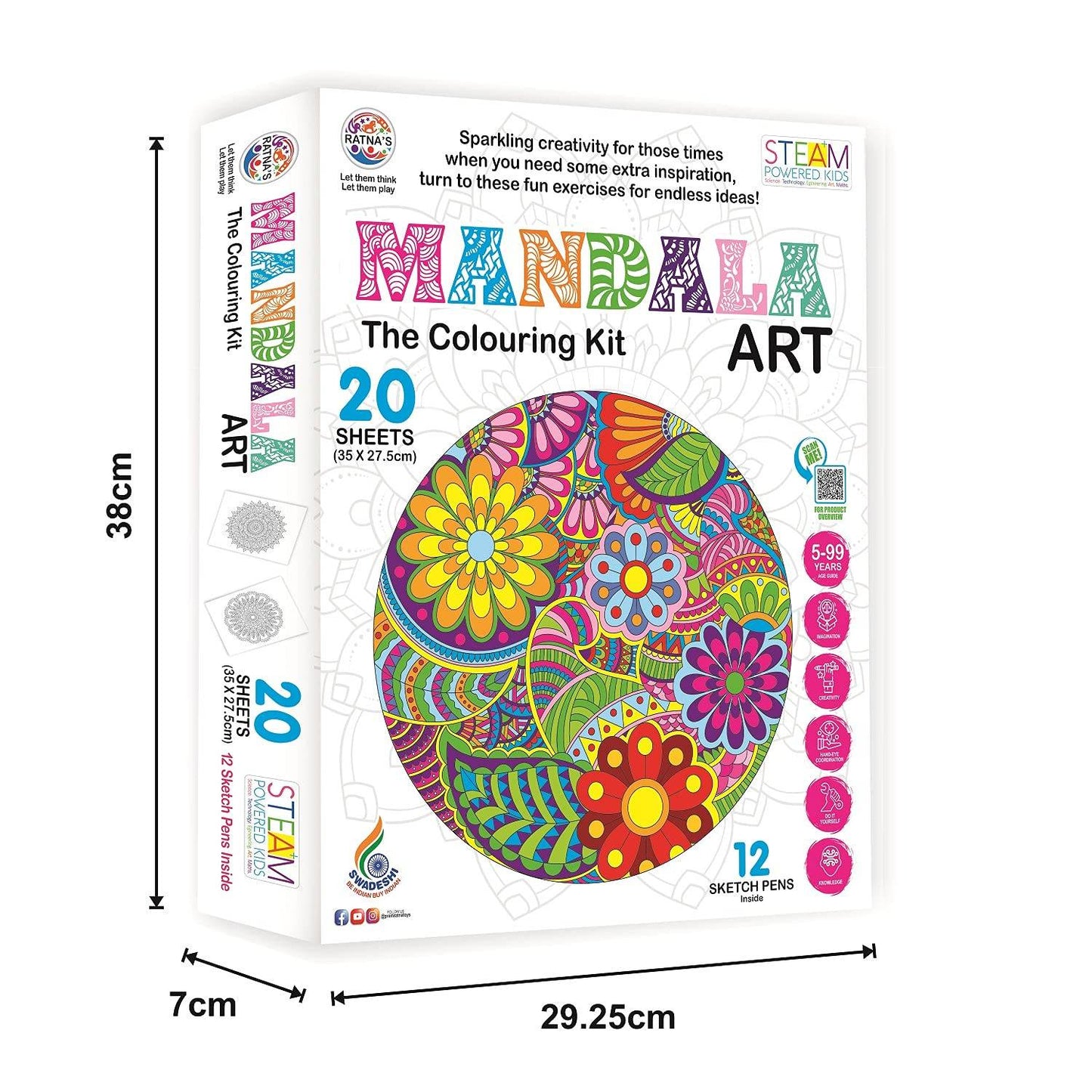 Mandala art coloring kit with 20 sheets and 12 sketch pens by T-Rex the toyland Sitamarhi