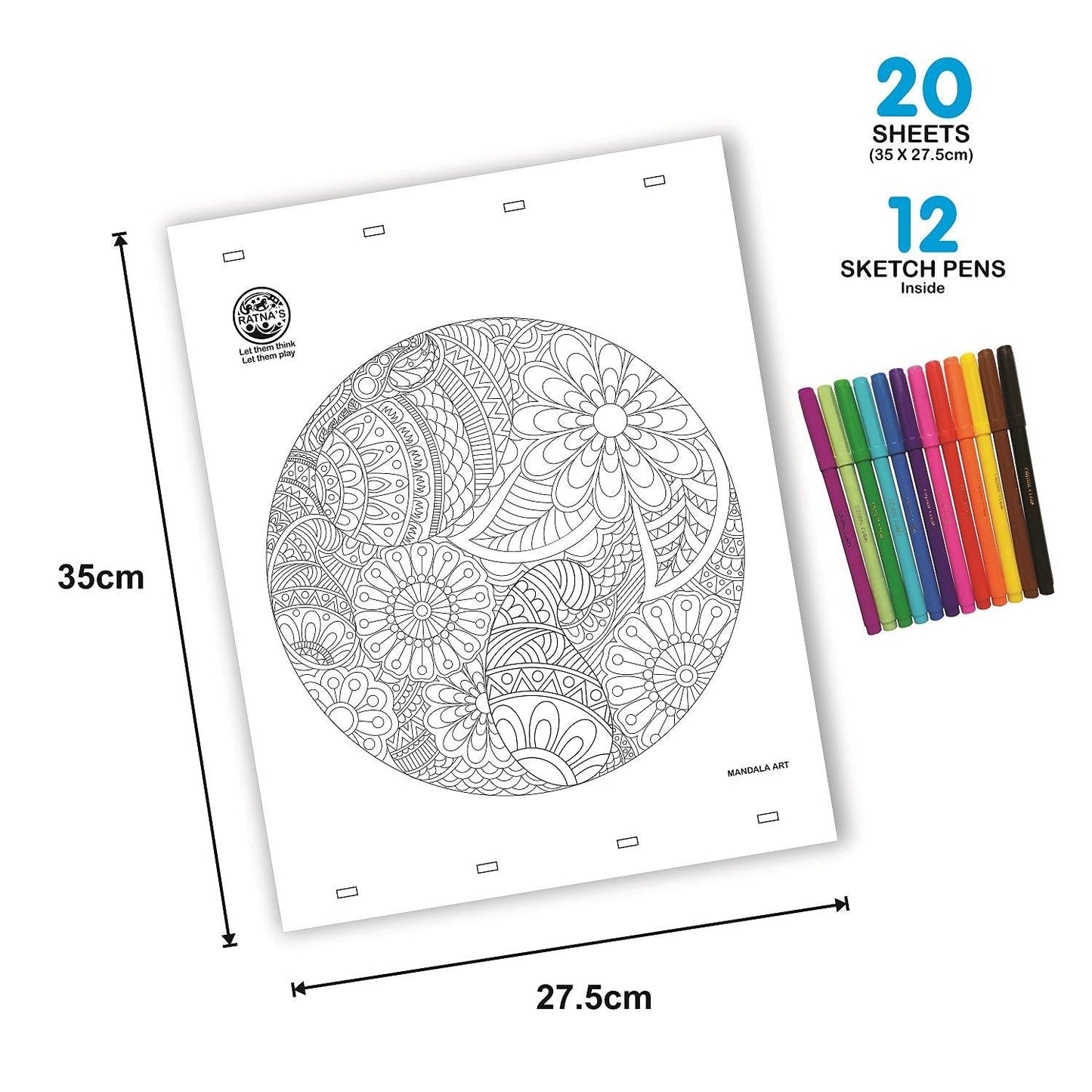 Mandala art coloring kit with 20 sheets and 12 colorful sketch pens for detailed designs