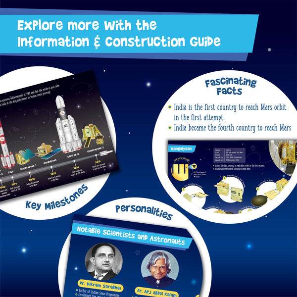 Educational space toy set guide showing key milestones, fascinating facts about Mars, and notable scientists