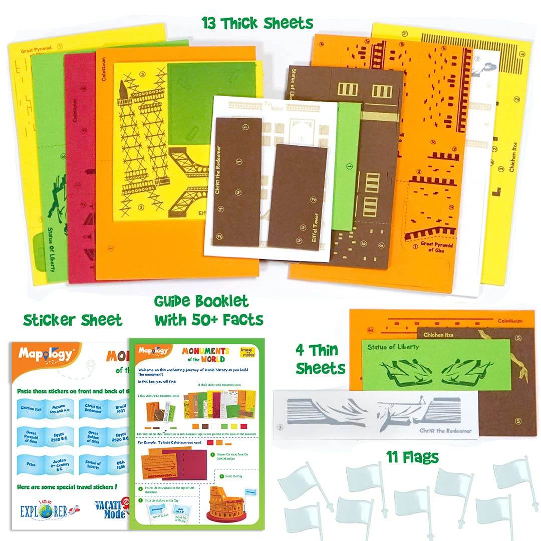 Educational monuments puzzle for kids with 13 thick sheets, guide booklet, sticker sheet, and 11 flags
