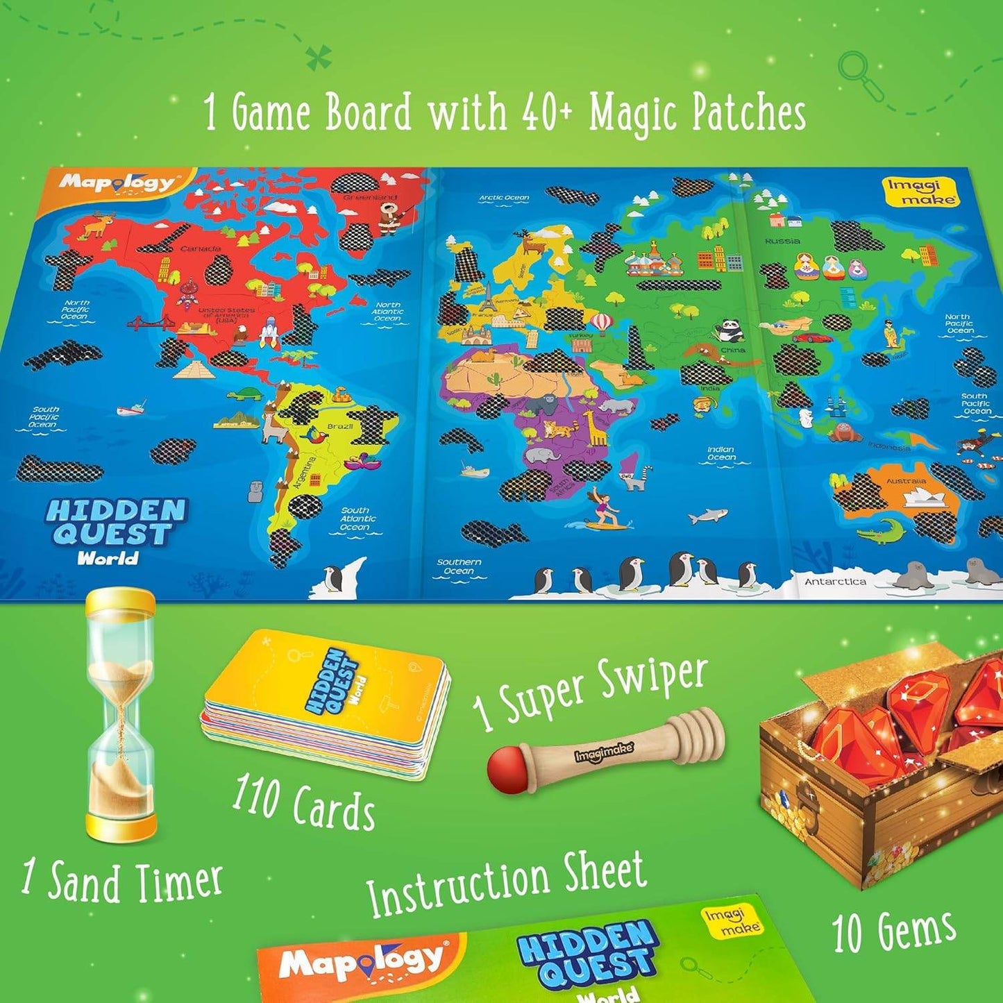 Mapology Hidden Quest board game set with game board, 110 cards, sand timer, super swiper, instruction sheet, and 10 gems