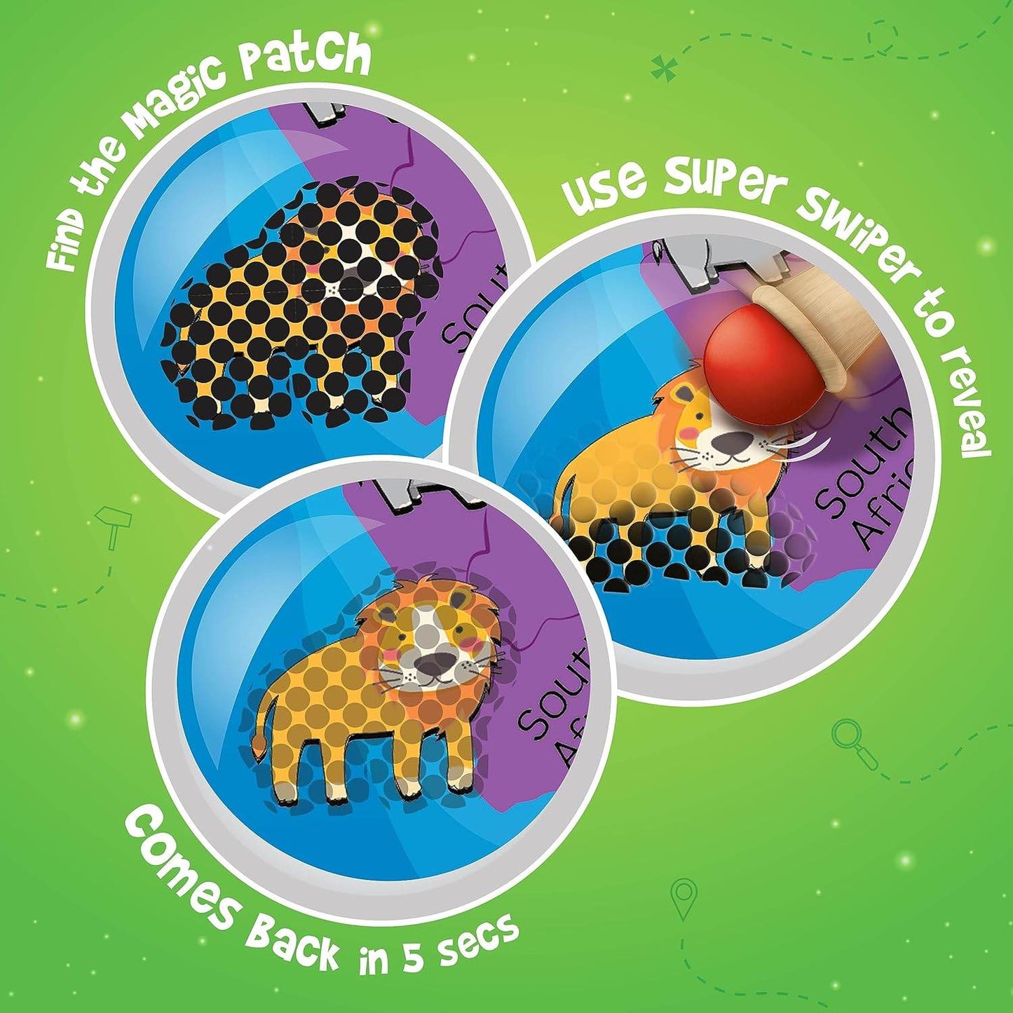 Mapology Hidden Quest board game showing magic patch reveal with super swiper on South Africa map