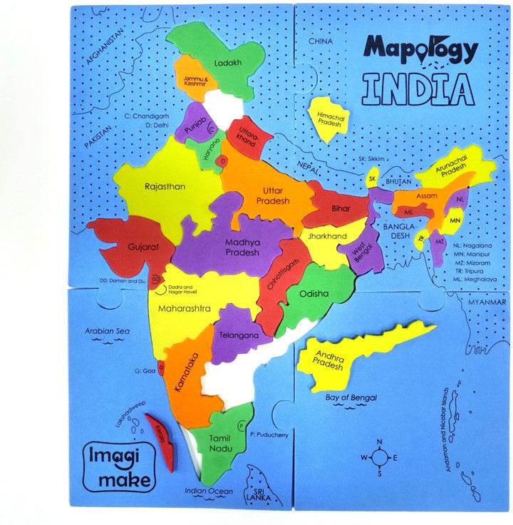 India map puzzle for kids with colorful state pieces and blue background for educational play