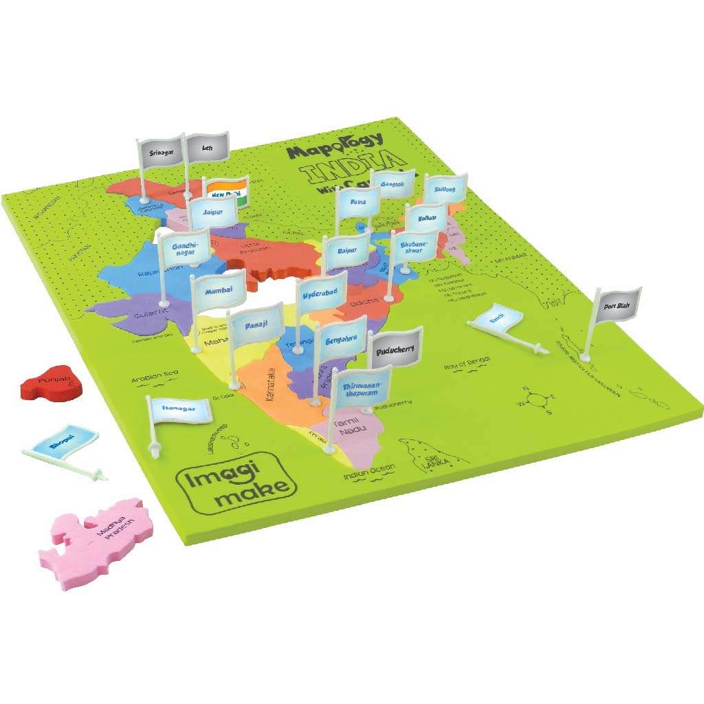 India map puzzle for kids with colorful region pieces and labeled flags on a green base