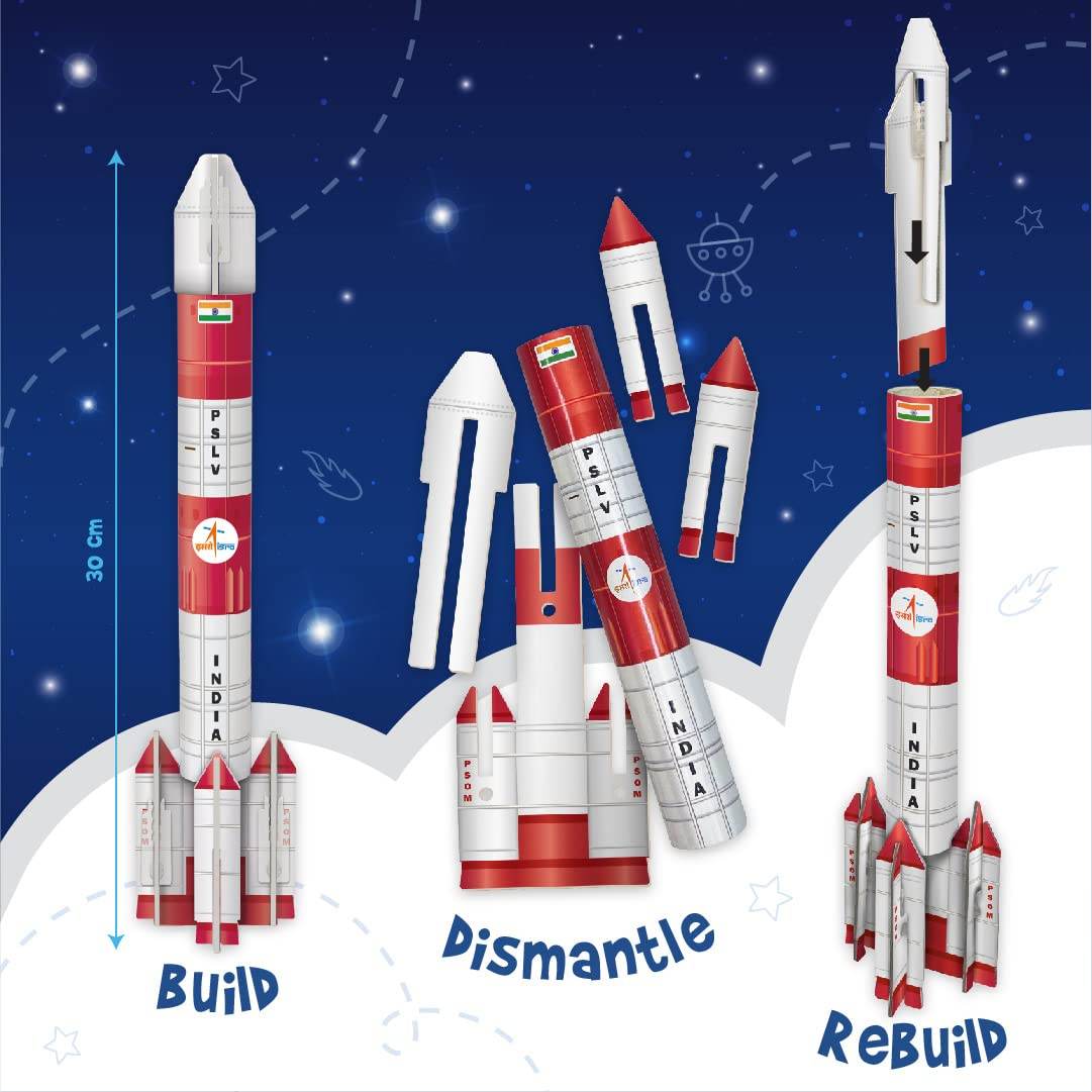 ISRO Mangalyaan educational toy showing a 30 cm rocket model with build, dismantle, and rebuild features