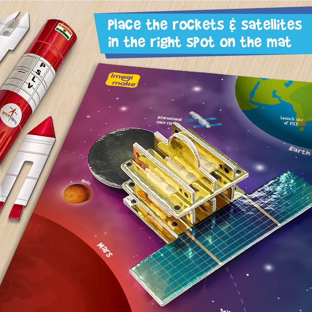 ISRO Mangalyaan educational toy with rocket and satellite pieces placed on a space-themed mat