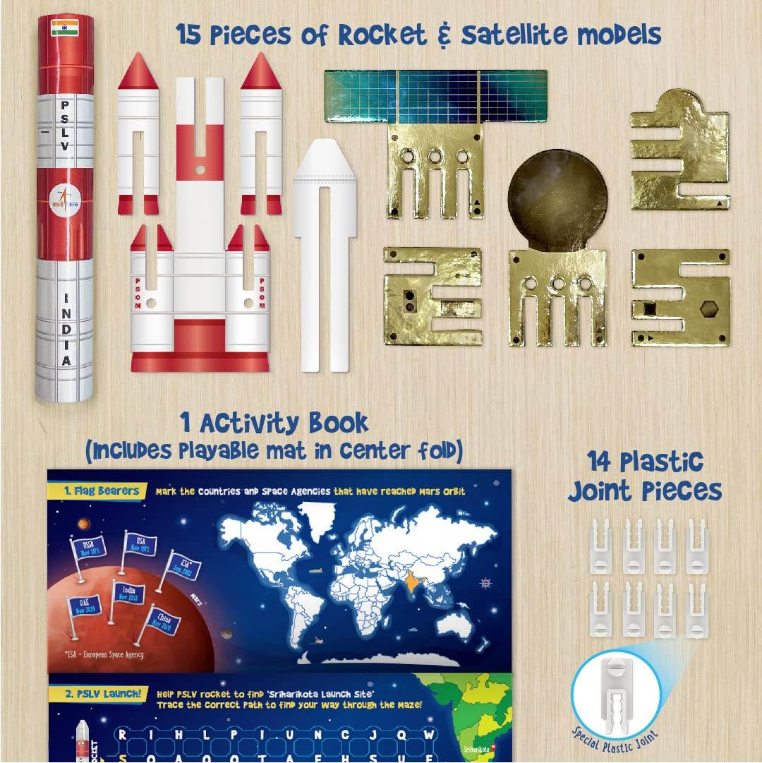 ISRO Mangalyaan educational toy with 15 pieces of rocket and satellite models including PSLV parts and activity book