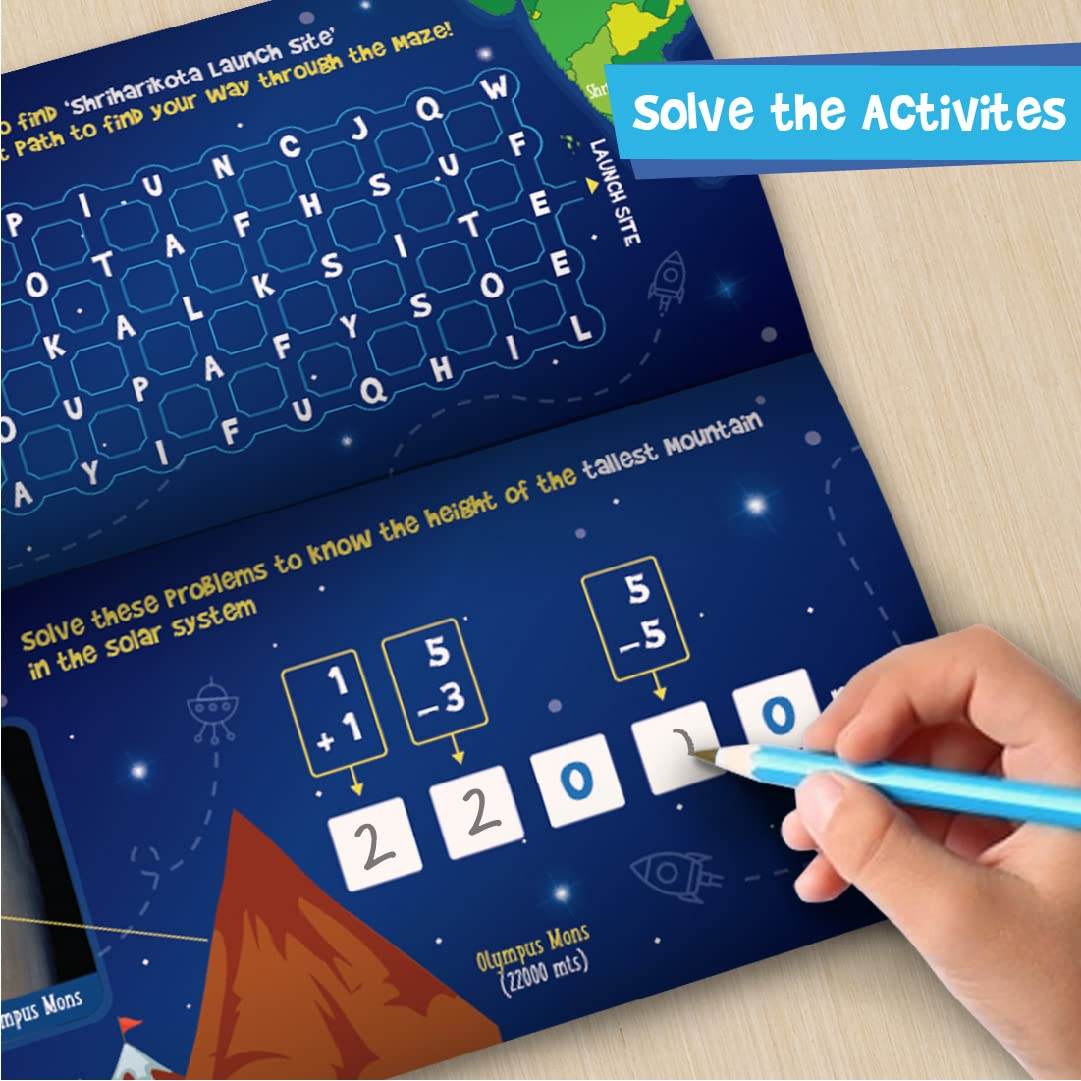 Hands solving math activity in ISRO Mangalyaan educational toy activity book from T-Rex the toyland Sitamarhi